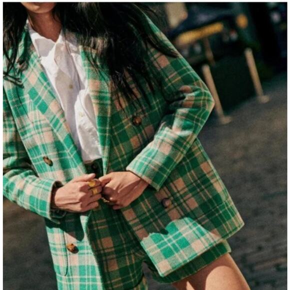 SEZANE Sz 46 14 Green Tan Check Plaid Wool Michele Jacket Blazer - Picture 10 of 12